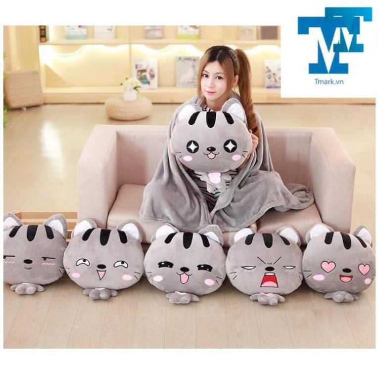 Bộ chăn gối văn phòng 3 in 1 Totoro vuông màu xám có thể mang đi du lịch tiện lợi