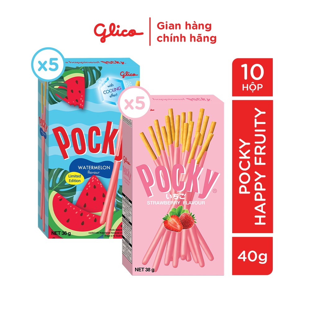 Bánh que phủ kem mix 2 vị dâu &amp; dưa hấu GLICO Pocky (Happy Fruity Set 10 hộp - 5 dâu 5 dưa hấu)