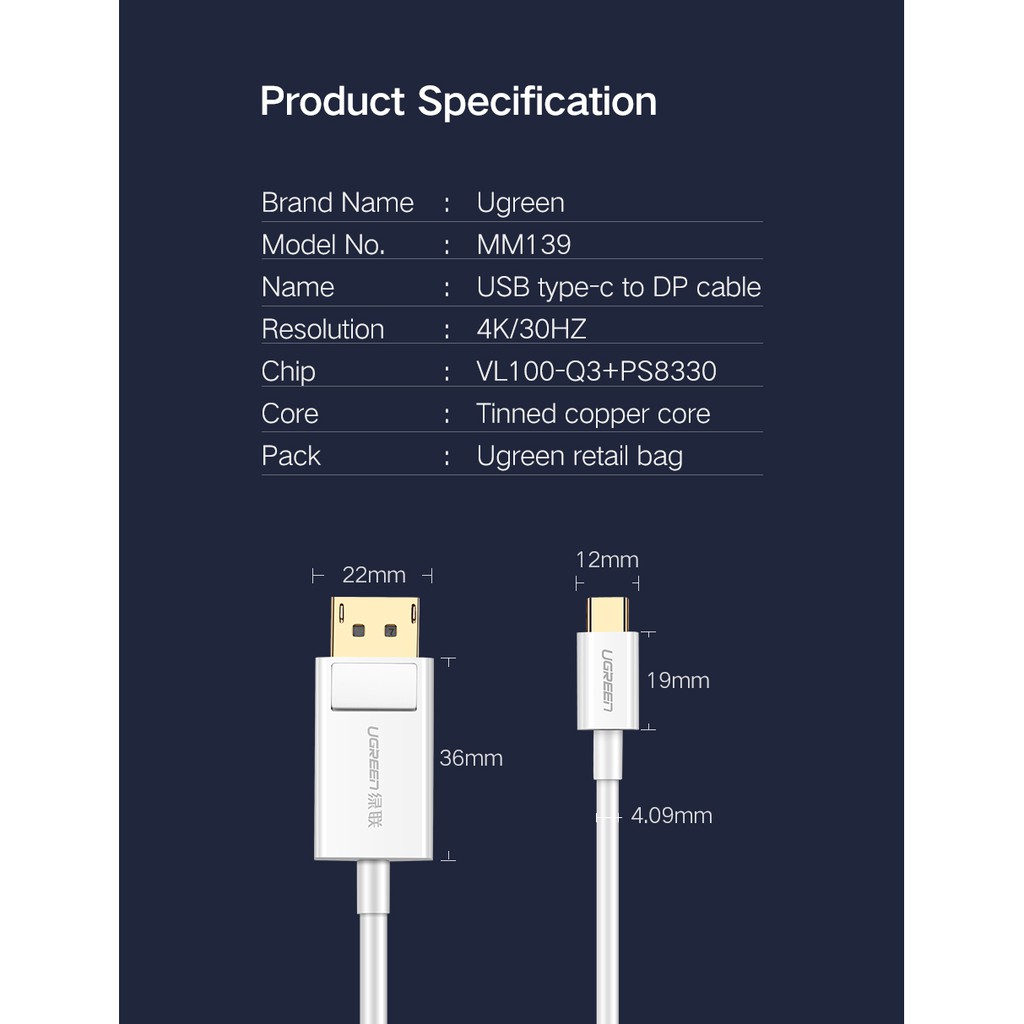 Cáp Chuyển USB Type C to Displayport Cao Cấp Dài 1,5M Ugreen 40420 - Support 4K UHD