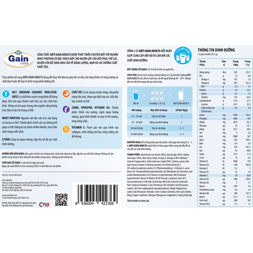 Sữa cho người gầy Arti Gain Adult 900G - chính hãng