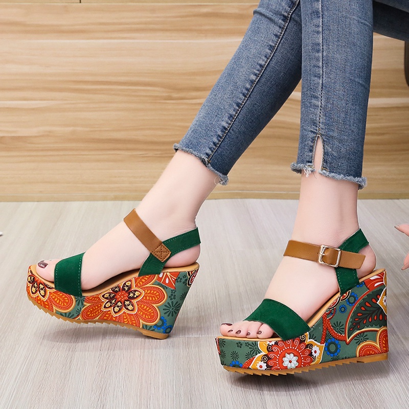 Sandal đế bằng hở ngón tăng chiều cao phong cách Bohemian thời trang đi biển thanh lịch cho nữ