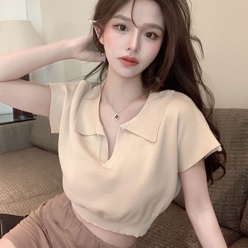 Áo Sơ Mi Croptop Tay Ngắn Dáng Ôm Hở Bụng Cài Nút Thời Trang Chất Lượng Cao Cho Nữ