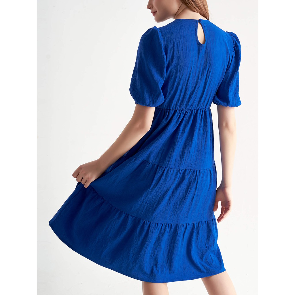 Đầm xanh Sappire váy tầng nữ YV LE & CO vải tơ gợn sóng nữ tính, trẻ trung | BigBuy360 - bigbuy360.vn