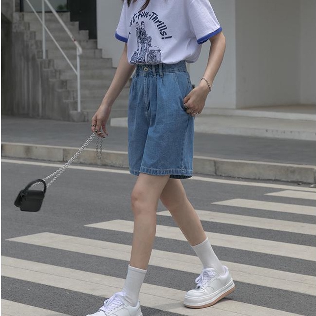 Quần Short Denim Lưng Cao Phong Cách Hàn Quốc Thời Trang Mùa Hè Cho Nữ