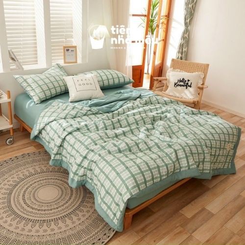 ( Ảnh Thật - Kèm Chăn Hè Mới ) Set Chăn Ga Gối Cottton Tici - Cotton Basic Vintage Caro Cao Cấp Full Size - Màu