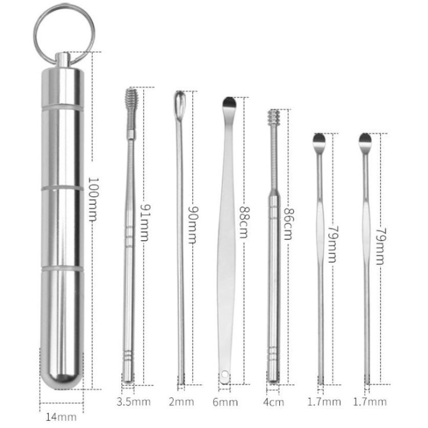 Bộ lấy ráy tai inox 6 món - bộ dụng cụ ngoáy tai bằng thép không rỉ an toàn cho bé và gia đình