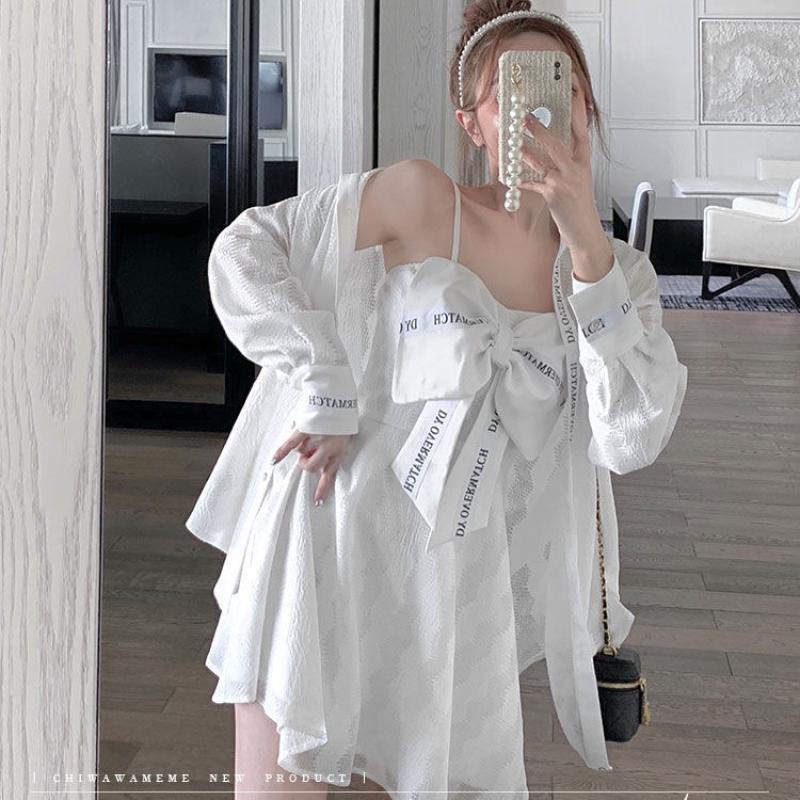Bộ Áo Sơ Mi + Đầm Hai Dây Đính Nơ Kiểu Pháp Thời Trang Mùa Hè Nhiều Màu Sắc Dành Cho Nữ 2021