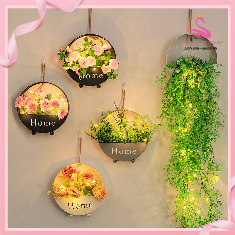 Giỏ hoa treo tường kèm đèn led decor siêu xinh trang trí nhà cửa giỏ hoa chữ Home Tặng kèm bướm trang trí,đinh lilydecor