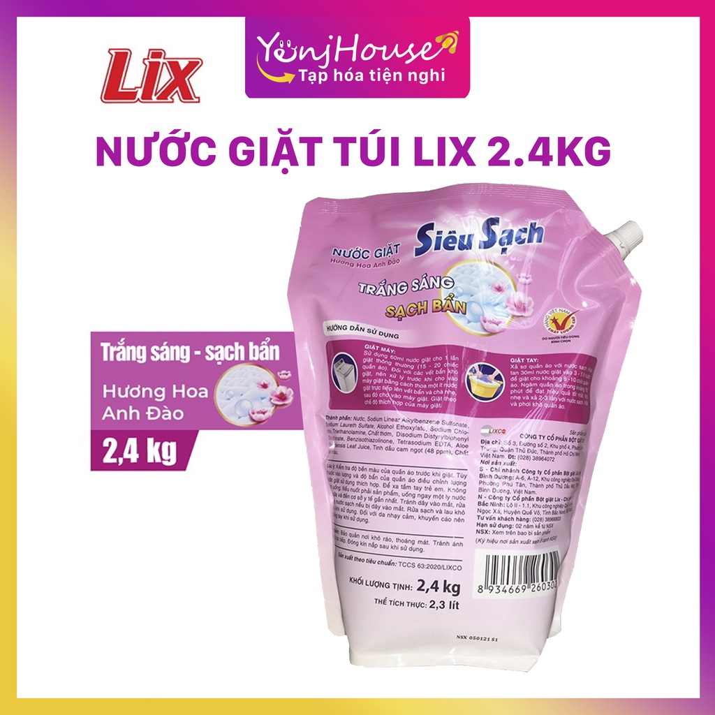 NƯỚC GIẶT TÚI LIX HƯƠNG HOA ANH ĐÀO 2.4KG DÀNH CHO QUẦN ÁO CỬA TRƯỚC VÀ CỬA TRÊN THƠM DÀI LÂU