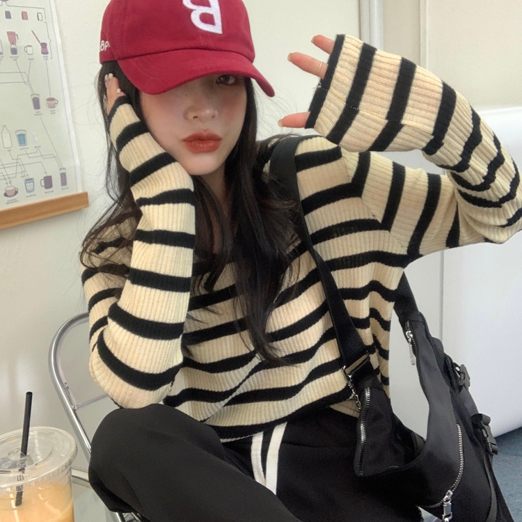 Áo len ZHELIHANGFEI tay dài cổ chữ V dáng rộng họa tiết kẻ sọc phong cách thời trang