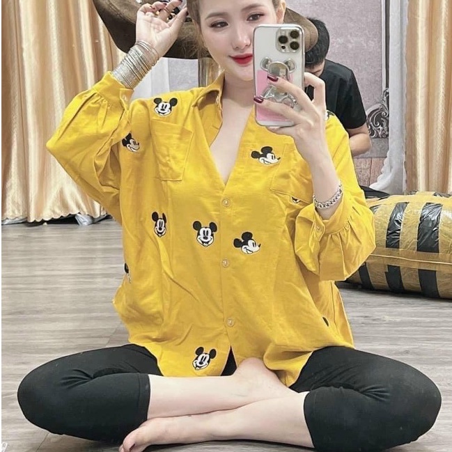 Đồ bộ nữ, set đồ bộ quần legging thun dày và áo sơ mi tay phồng lai bầu có túi form rộng freesize vải lụa dày cao cấp