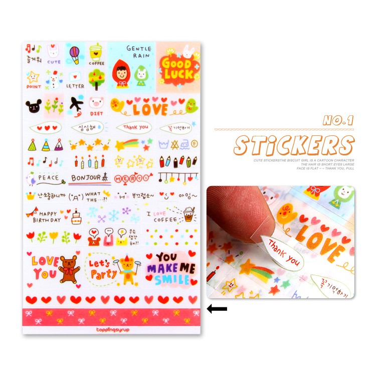 Bộ 6 tờ Sticker chữ, hình ngộ nghĩnh - Album DIY