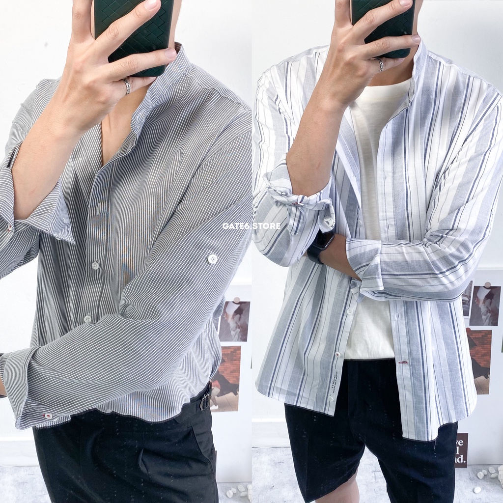 Áo Sơmi đũi nam BT, somi linen cổ trụ kẻ sọc vải đã xử lý giặt mềm chống co GATE6 - 4749