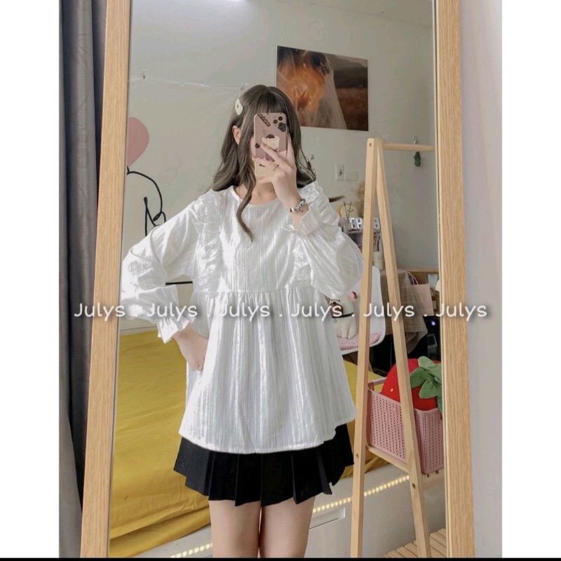 [Ảnh thật ] áo babydoll trắng viền ren bèo chun tay