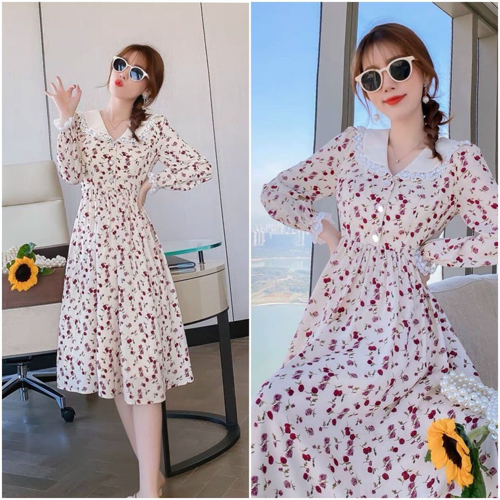 Đầm hoa nhí trẻ trung phong cách Hàn quốc, ĐẦM HOA TAY DÀI CỔ VIỀN REN