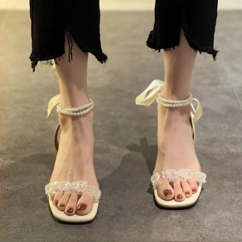 Sandal Gót Vuông Quai Ngang Trong Suốt Đính Ngọc Trai Phong Cách Pháp Thời Trang Mùa Hè Dành Cho Nữ 2021