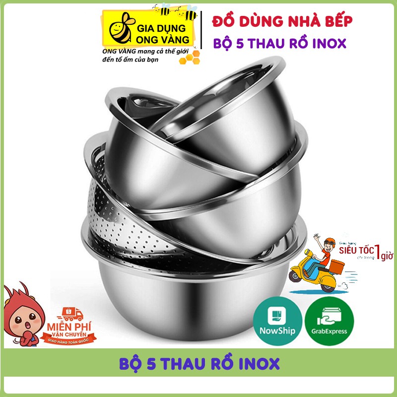 Bộ 5 Thau Rổ Inox Rửa Rau Củ Quả, Thau Trộn Salad Dày Dặn Siêu Tiện Dụng Cho Nhà Bếp