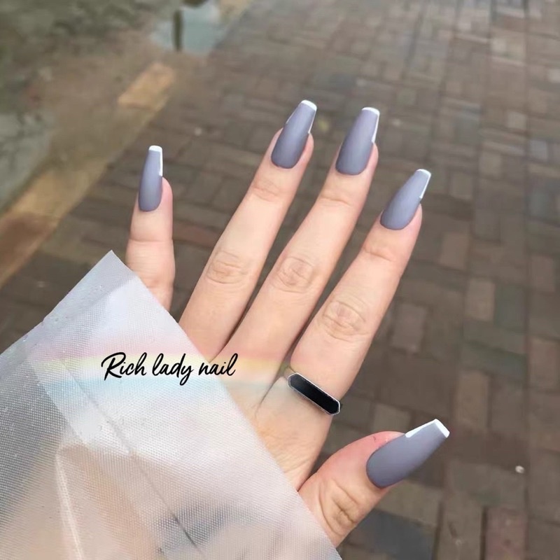 [Hàng có sẳn]Bộ 24 móng giả form dài tím đầu móng trắng