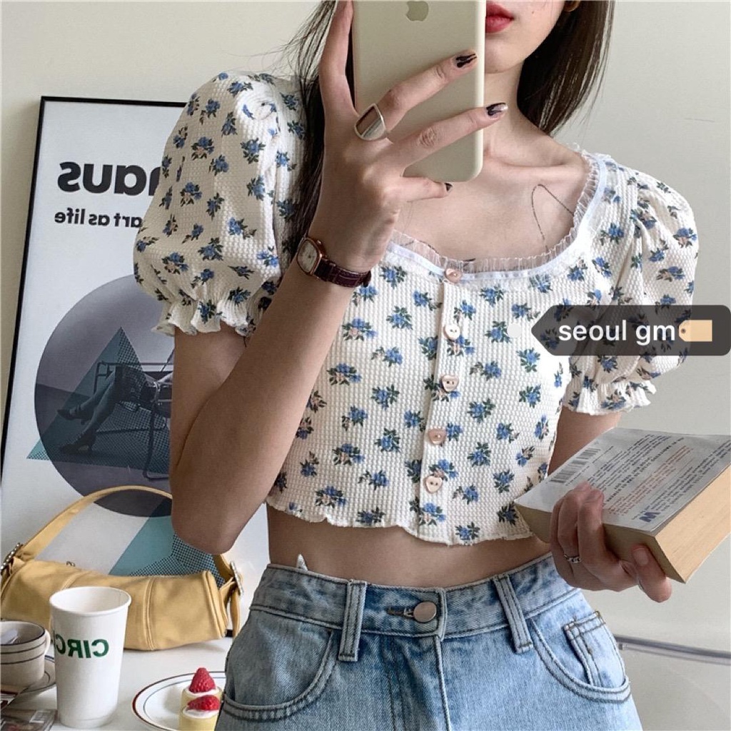 Retro Floral Pattern Short Sleeve Croptop Top