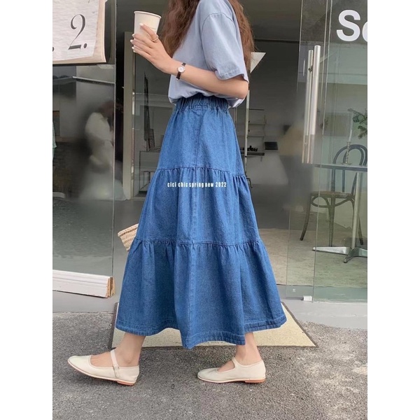 Chân Váy Dài Demin Lưng chun From Xoè Style