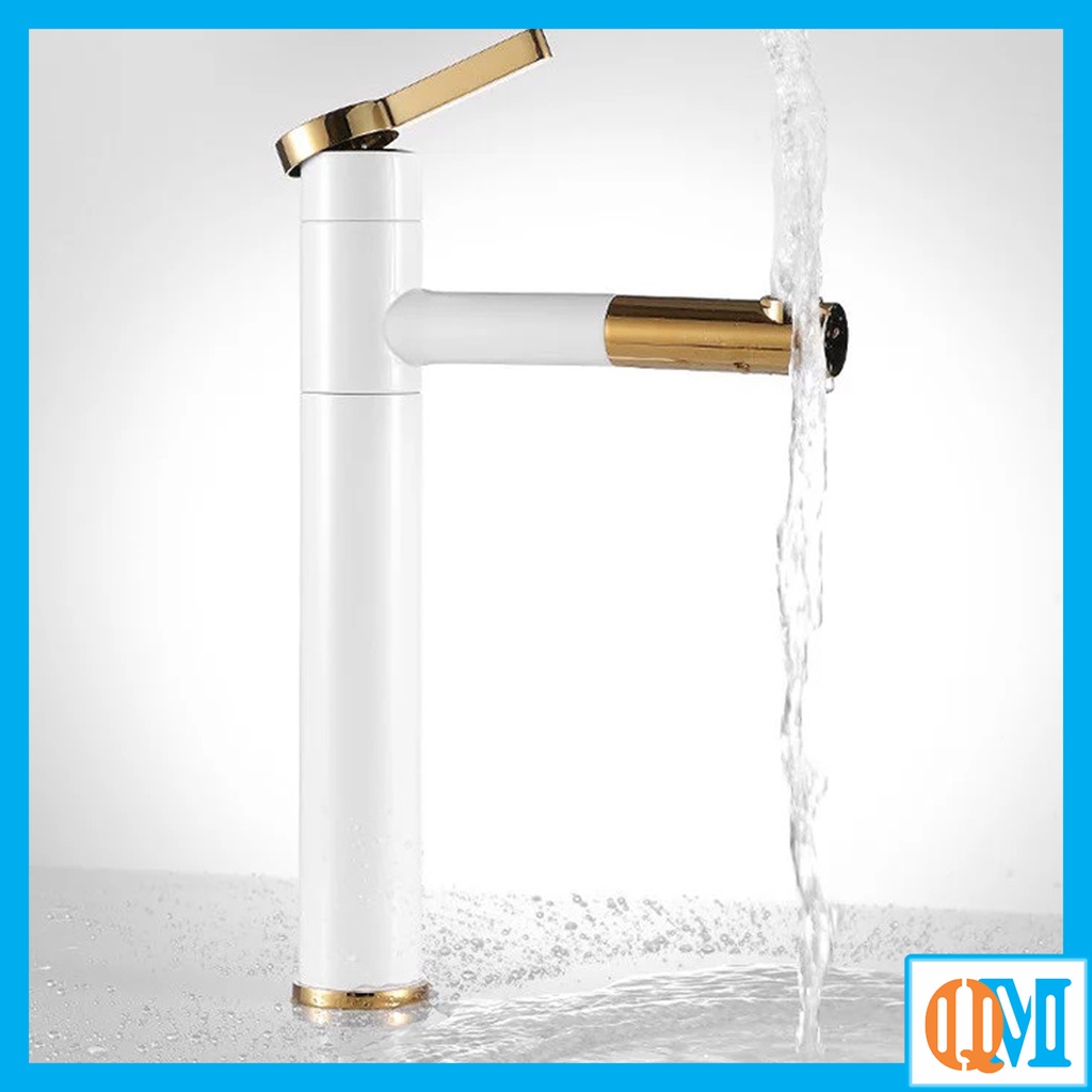 (Kèm 1 cặp dây cấp nước) Vòi bồn rửa mặt nóng lạnh, Vòi Lavabo sơn tính điện Trắng Vàng thiết kế sang trọng, hiện đại