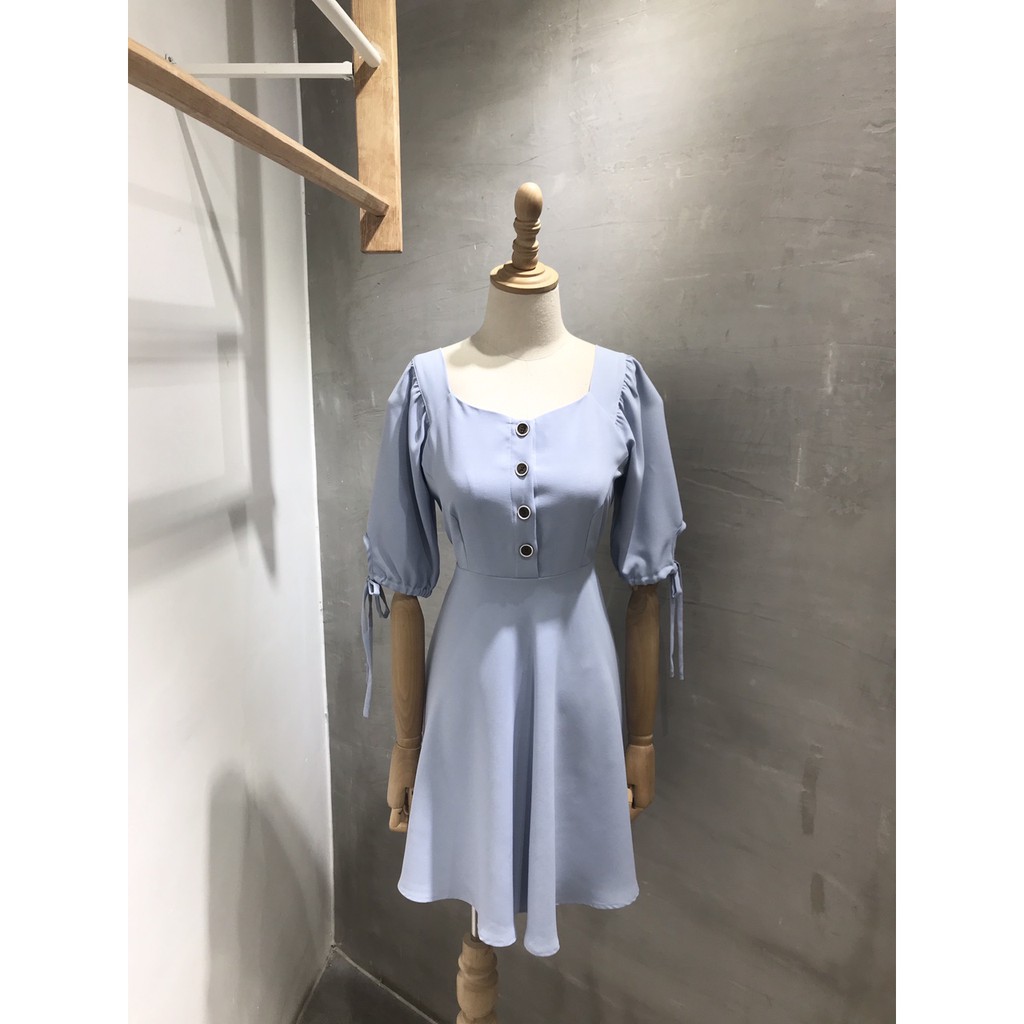 YU CHERRY | Đầm nữ nút giả trước ngực, ống tay cột nơ dễ thương Button Chess Line Dress YD058
