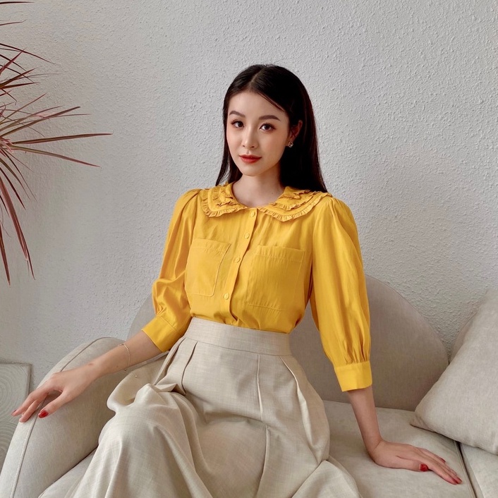 Áo sơ mi tay lỡ FANSIX - A13 sơ mi công sở phối cổ bèo nữ tính, chất vải lụa Hàn mềm mại | BigBuy360 - bigbuy360.vn