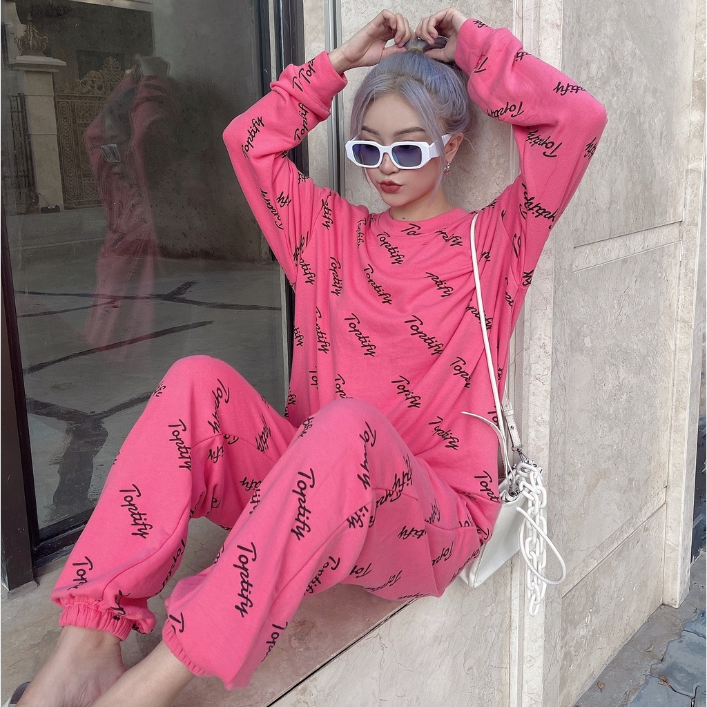 Bộ quần áo nỉ TOPTIFY in logo dài tay sweater và jogger Mary Rose Set S06