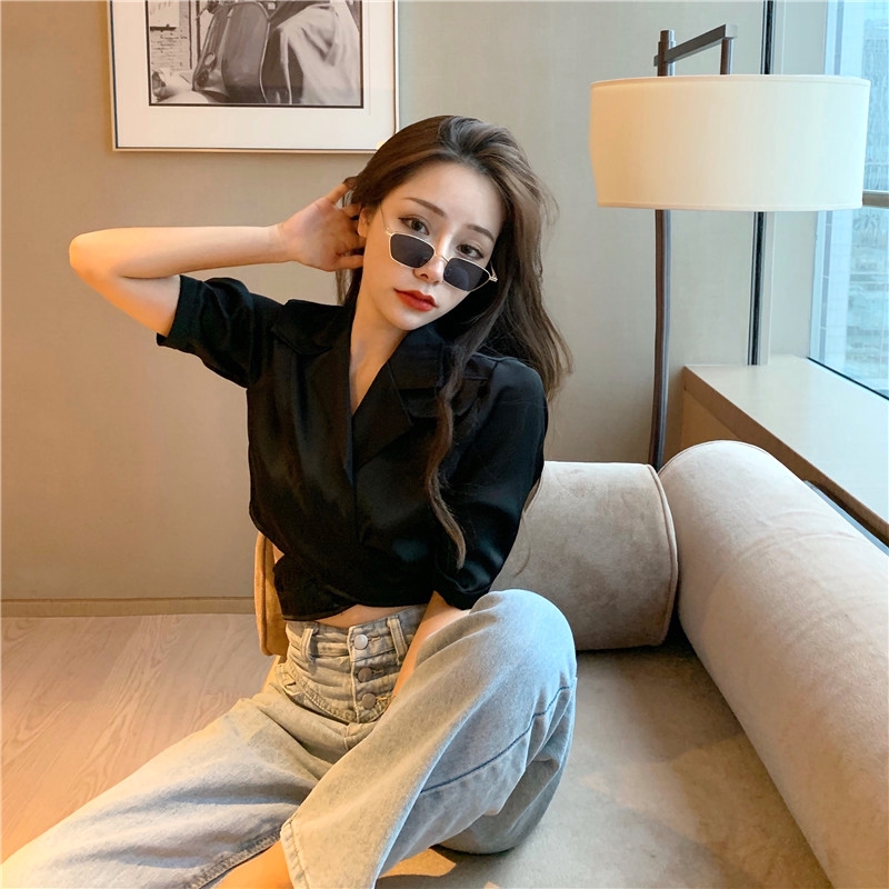 IELGY   Áo Kiểu Tay Ngắn Cổ Chữ V Chéo Dây Lưng Cao Thời Trang Quyến Rũ Cho Nữ