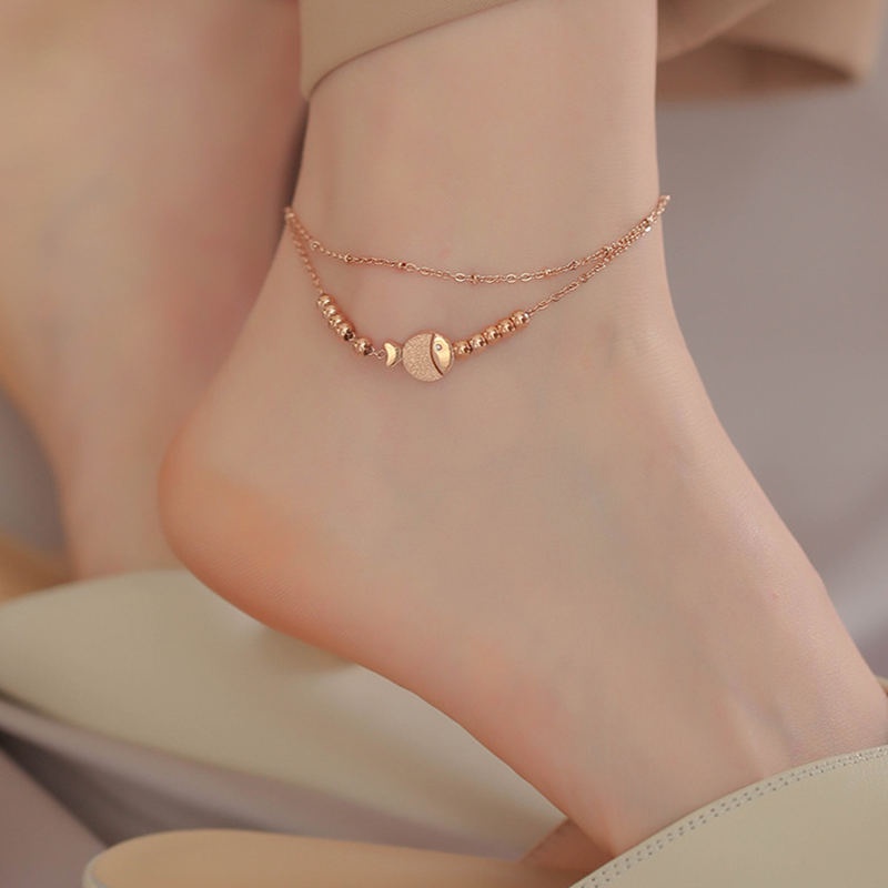 Lắc chân nữ bằng titan không gỉ thiết kế 2 lớp mặt hình chú cá độc đáo xinh xắn hợp thời trang 2022