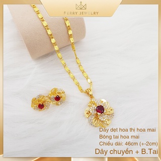 Dây Chuyền Nữ, Bông Tai, Trọn Bộ Dây Dẹt Hoa Thị To Kèm Mặt Hoa Mai Đính Đá Sang Trọng