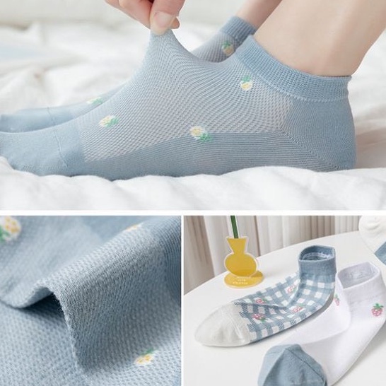 Combo 10 tất cổ ngắn cotton tông xanh phối họa tiết dâu dễ thương phong cách Hàn Quốc
