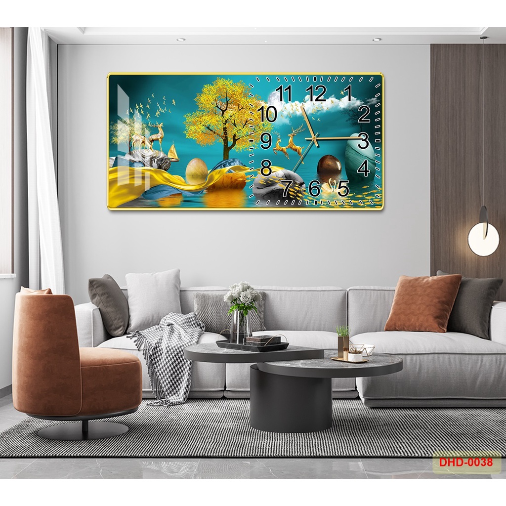 Tranh Đồng Hồ Ngang Treo Tường Bề Mặt Pha Lê Phủ Gương Sáng Bóng Máy Kim Trôi Không Tiếng Ồn MS DHD0038