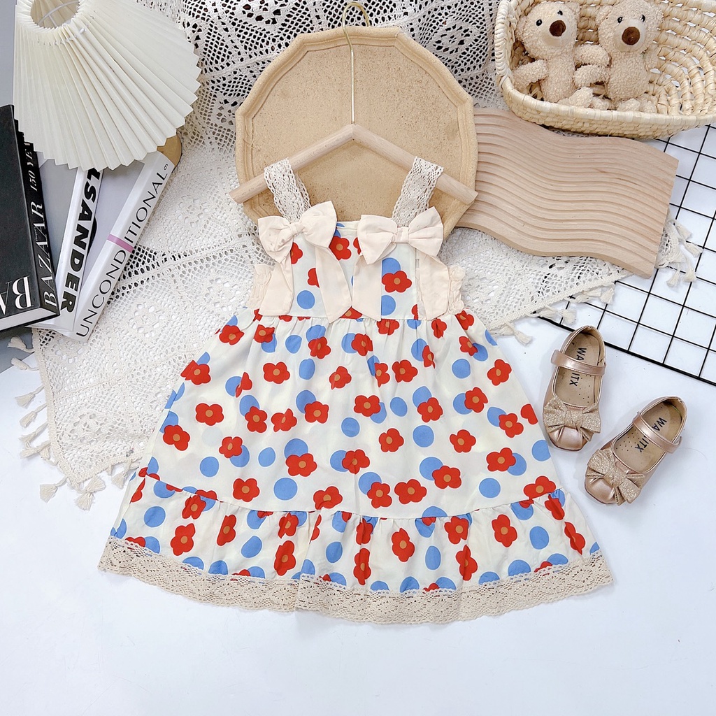 Váy cho bé gái 2 dây ren đính nơ hoa lụa cao cấp 8-20kg