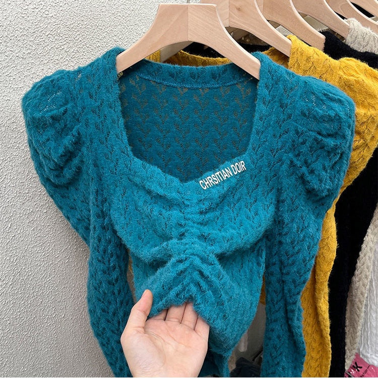 Áo sweater tay dài cỏ vuông phong cách Pháp thời trang mùa thu cho nữ