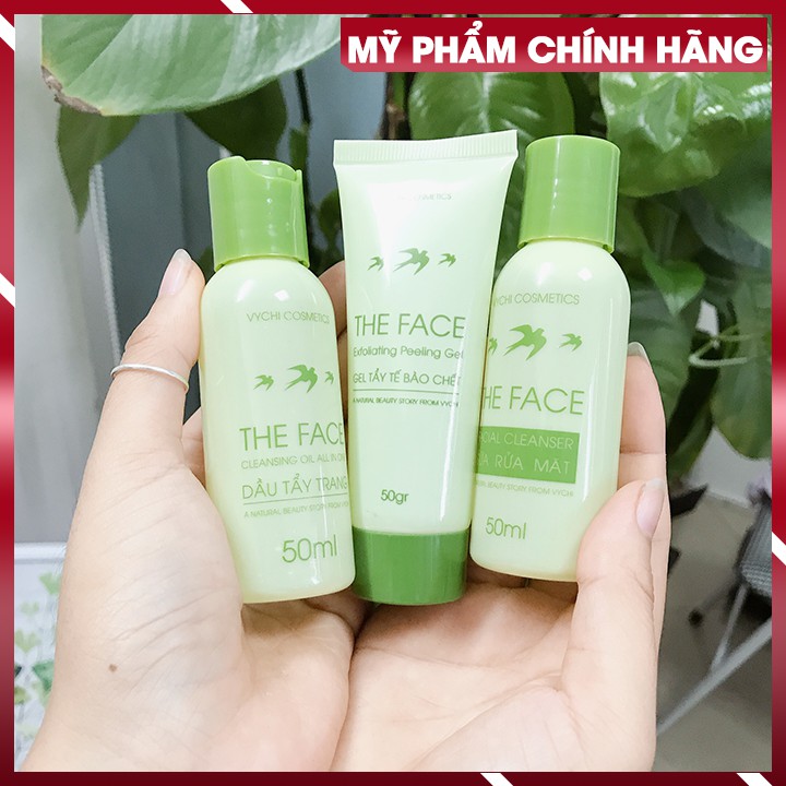 Bộ ba SKINCARE Sữa rửa mặt, dầu tẩy trang, gel tẩy tế bào chết THE FACE-VYCHI 50ml