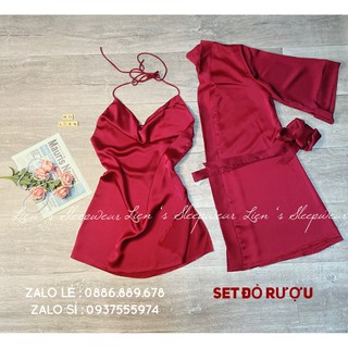 Đầm ngủ lụa yếm xẻ tà sexy - Set choàng lụa
