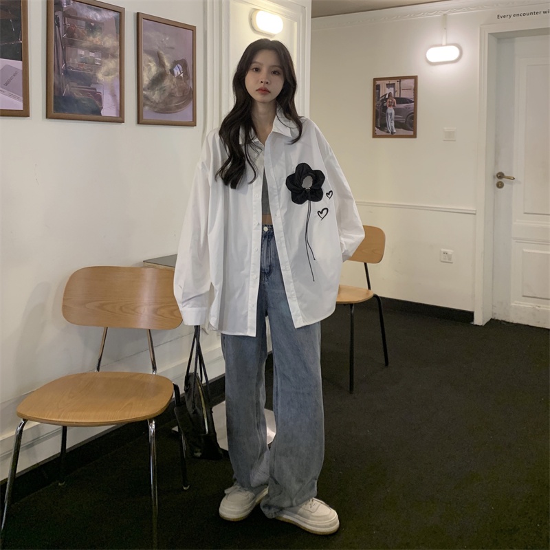 Áo sơ mi ZHELIHANGFEI tay dài dáng rộng thêu họa tiết hoa xinh xắn dễ phối đồ