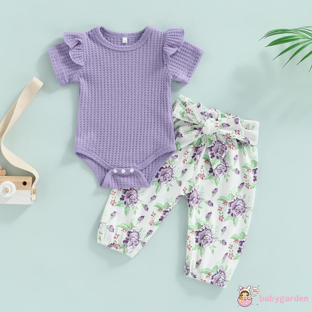 Bộ Áo Liền Quần Tay Ngắn Màu Trơn Phối Nơ Thời Trang Mùa Hè Cho Bé Gái 0-24 Tháng Tuổi