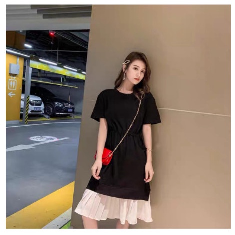 Đầm Bầu Váy Bầu Thun Cotton Dáng Suông Xòe Mùa Hè Tay Ngắn Vải Mát chân kẻ dập ly