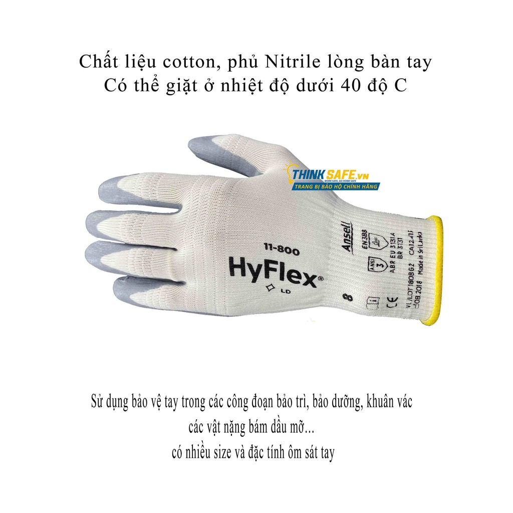 Găng tay đa dụng Hyflex ANSELL 11-800  phủ Nitrile dầy, ôm khít tay, chống bám dầu mỡ (trắng xám)