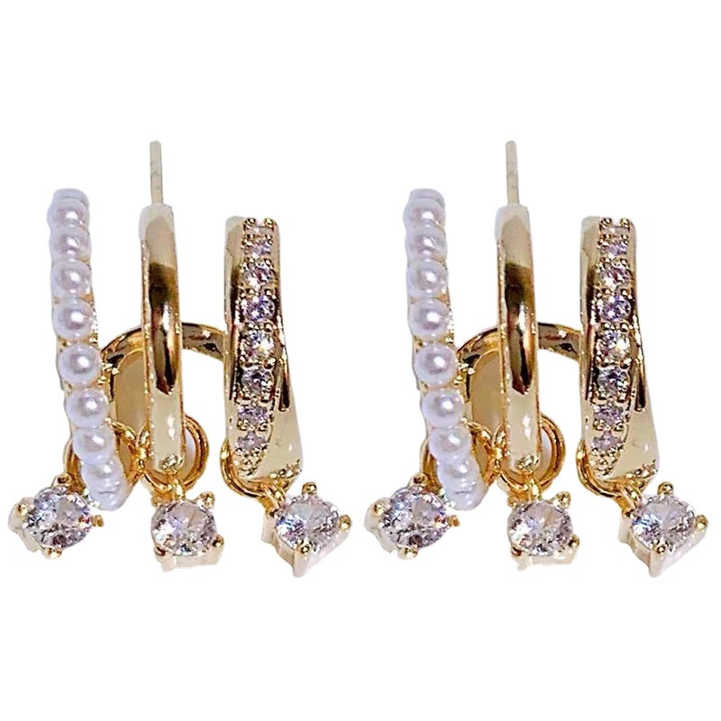 2022 Bông Tai Đính Đá Zircon 3 Vòng Tròn Tua Rua Đơn Giản Kiểu Nhật Hàn s925