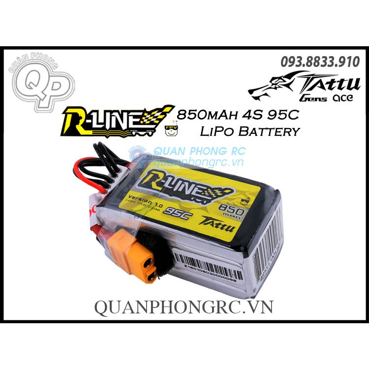 Pin Tattu R-Line 850mAh 4S 95C 14.8V LiPo Battery XT60 Plug
