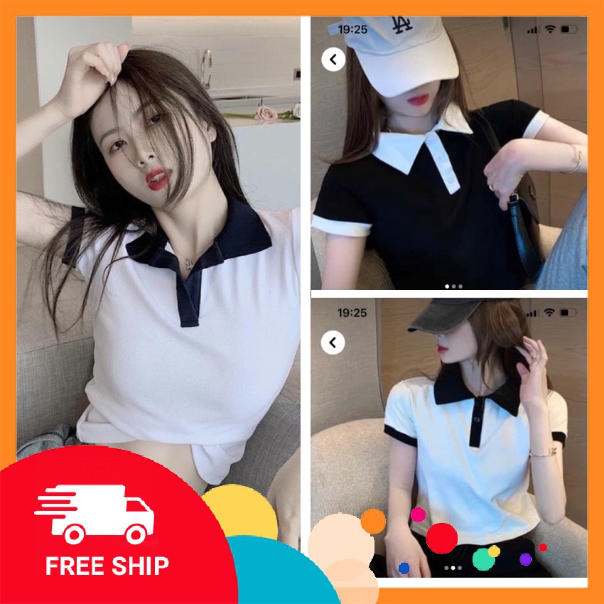 Áo Croptop Polo Cộc Tay Cổ Bẻ Phối Màu Đen Trắng Chất Vải Co Giãn Freesize 40-58kg