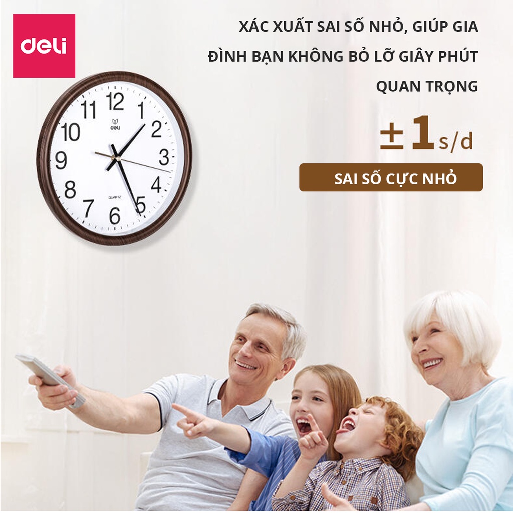 Đồng hồ treo tường vân gỗ cao cấp Deli - 8842 - Kèm móc treo