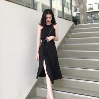 [ORDER]Set áo cổ yếm + cv suông dài xẻ cạnh buộc eo