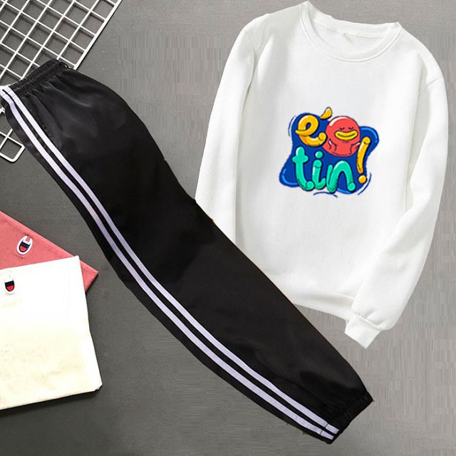 Sét Bộ Đồ Thể Thao Nữ Thu Đông Xinh Đẹp Cute Giá Rẻ, Áo Da Cá Dài Tay In Họa Tiết Chữ ÉO TIN Mix Quần Thun Bo Chun Gấu