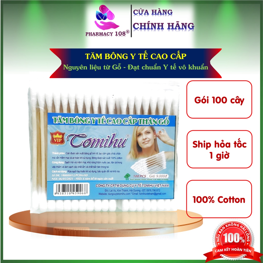 Tăm bông y tế thân gỗ Tomihu ✅ĐẠT CHUẨN Y TẾ✅ Gói 100 cây nguyên liệu gỗ bảo vệ môi trường