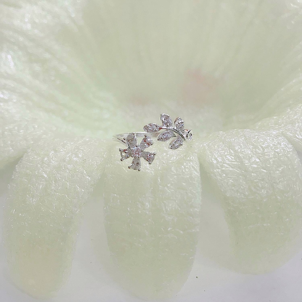 Nhẫn Nữ Bạc Ta CaoBac Silver Mặt Nhẫn Bạc Đính Đá Hình Hoa Năm Cánh Đính Đá Phối Lá Hở Cá Tính Quà Tặng Bạn Gái