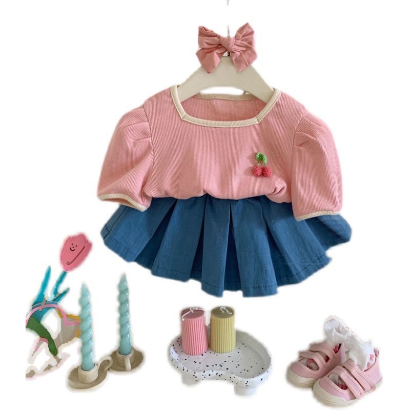 Set Áo Thun Tay Ngắn Và Quần Jeans Dài Thời Trang Hè 2022 Phong Cách Hàn Quốc Cho Bé Gái